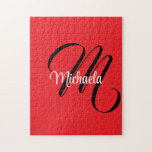 Minimalistic modern monogram initial name red jigsaw puzzle<br><div class="desc">Minimalistic modern monogram initial name black white. Personalizable custom name with a cursive initial behind on a red colour.</div>