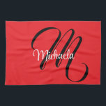 Minimalistic modern monogram initial name red kitchen towel<br><div class="desc">Minimalistic modern monogram initial name black white. Personalizable custom name with a cursive initial behind on a red colour.</div>