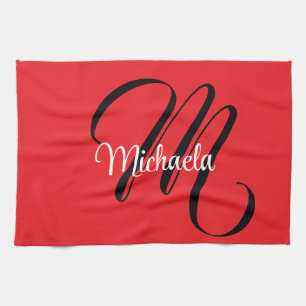 Minimalistic modern monogram initial name red kitchen towel