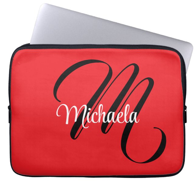 Minimalistic modern monogram initial name red laptop sleeve (Front)