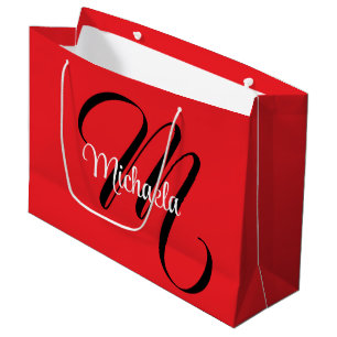 Minimalistic modern monogram initial name red large gift bag