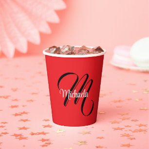 Minimalistic modern monogram initial name red paper cups