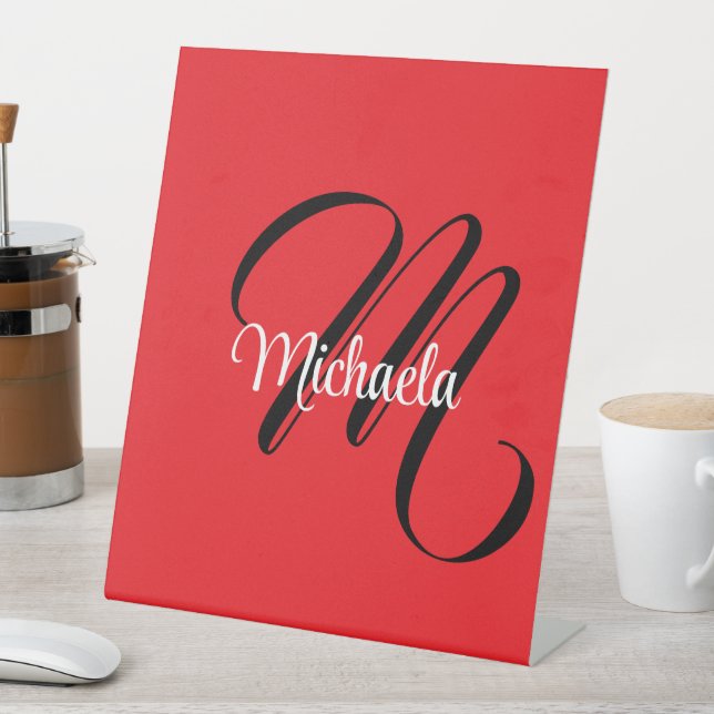 Minimalistic modern monogram initial name red pedestal sign (In SItu)