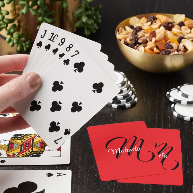 Minimalistic modern monogram initial name red playing cards (In Situ)