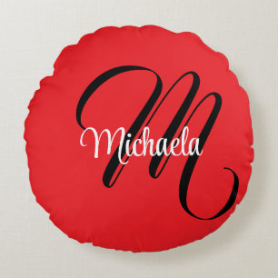 Minimalistic modern monogram initial name red round pillow