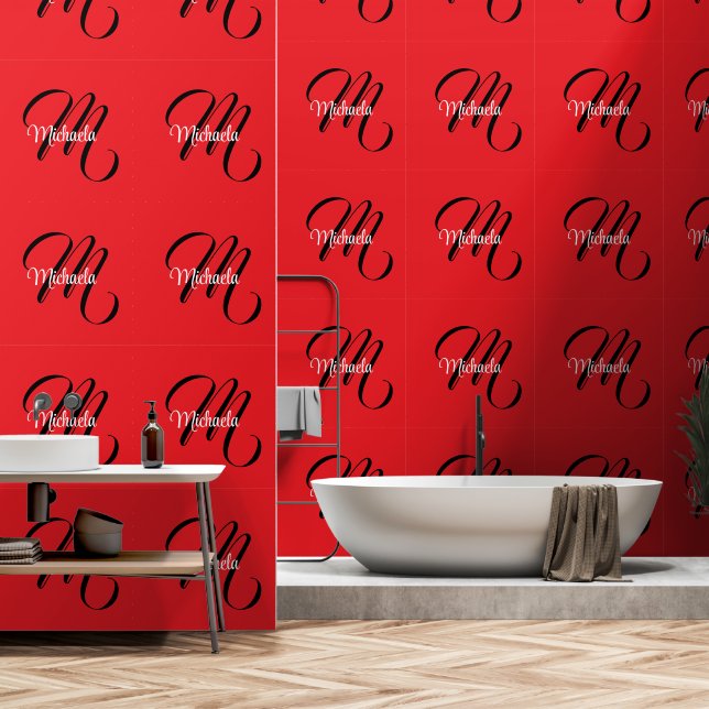 Minimalistic modern monogram initial name red wallpaper (Bathroom)