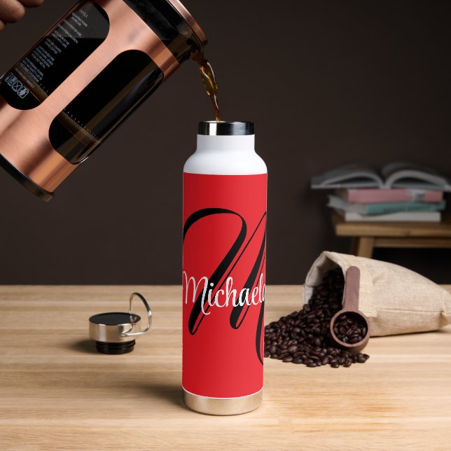 Minimalistic modern monogram initial name red water bottle (Coffee)