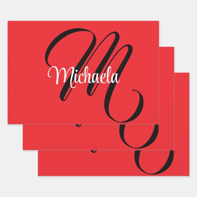 Minimalistic modern monogram initial name red wrapping paper sheet (Set)