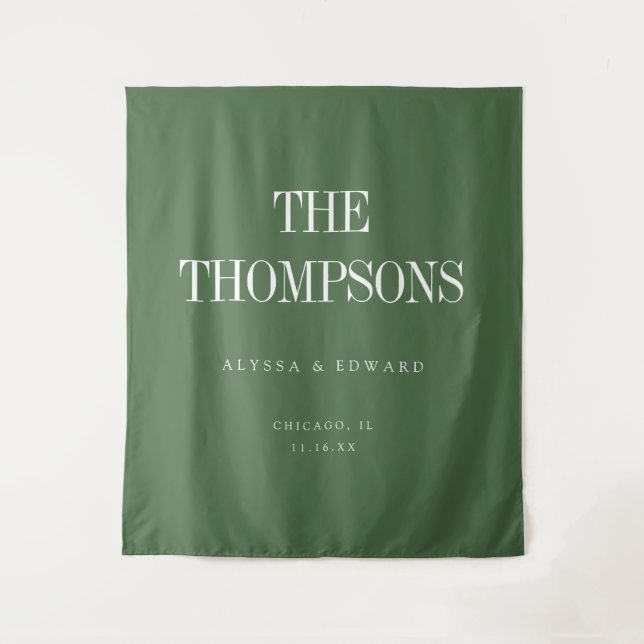 Minimalistic Modern Olive Green Wedding Backdrop Tapestry (Front)
