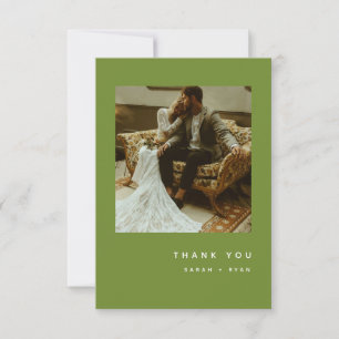 Minimalistic Modern Olive Green Wedding Photo Thank You Card