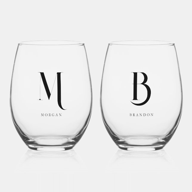 Minimalistic Monogram Custom Wedding Couple Names Stemless Wine Glass (Front)
