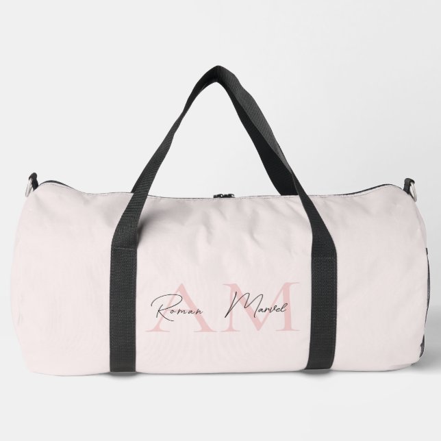 Minimalistic Monogram Initial & Name Pastel Pink Duffle Bag (Front)