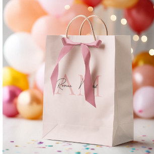 Minimalistic Monogram Initial & Name Pastel Pink  Medium Gift Bag