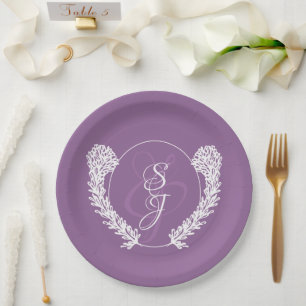 Minimalistic Monogram Lavender Purple Wedding  Paper Plate