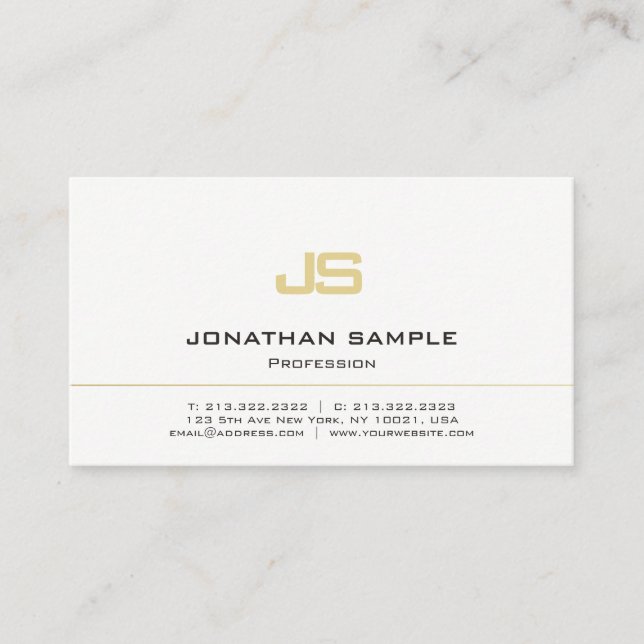 Minimalistic Monogram Plain Modern White Gold Business Card (Front)