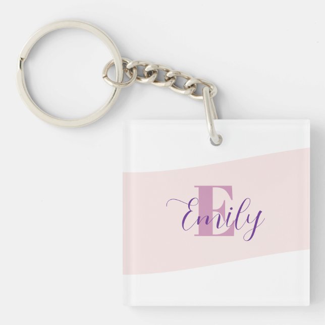 Minimalistic Name Monogram Retro Purple Pink Keychain (Front)