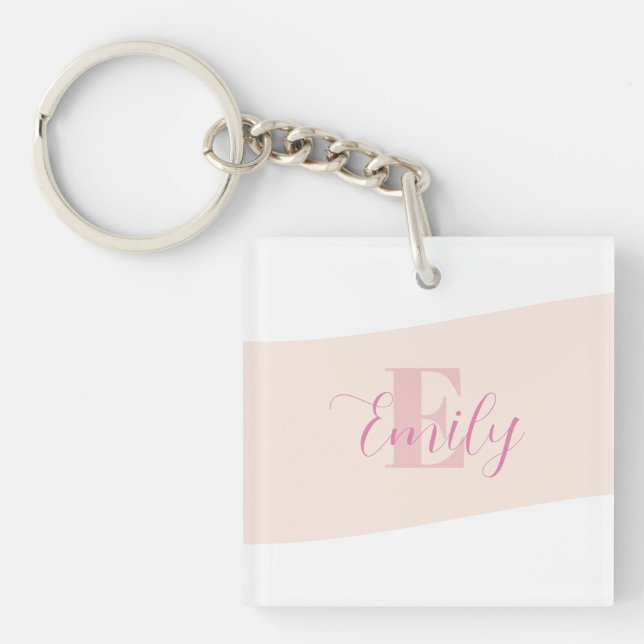 Minimalistic Name Monogram Retro Rose Pink Keychain (Front)