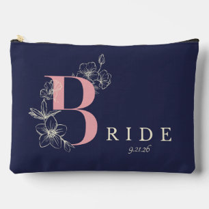 Minimalistic Navy-Pink Floral Caligraphy Bride Accessory Pouch