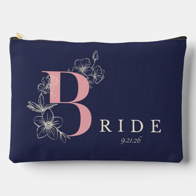 Minimalistic Navy-Pink Floral Caligraphy Bride  Accessory Pouch (Front)