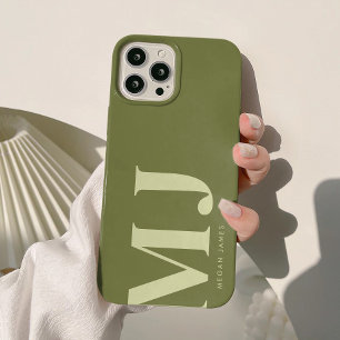 Minimalistic Olive Green Personalized Initials iPhone 15 Case