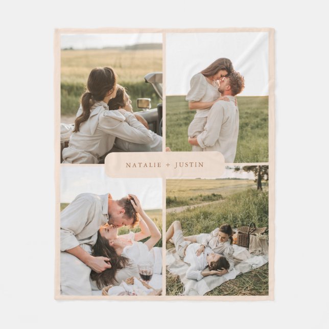 Minimalistic Personalized 4 Couple Photos Collage Fleece Blanket (Front)