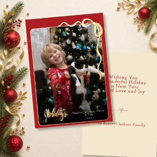 Minimalistic Photo Bow Happy Holidays Red & Gold Foil Holiday Card