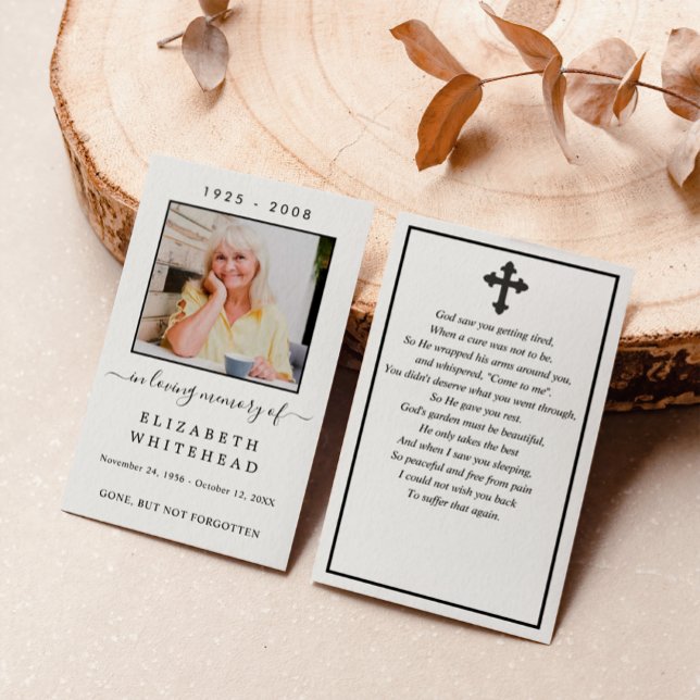 Minimalistic Photo Sympathy Funeral Prayer Card (Simple in loving memory memorial keepsake business card with a poem and a cross.)