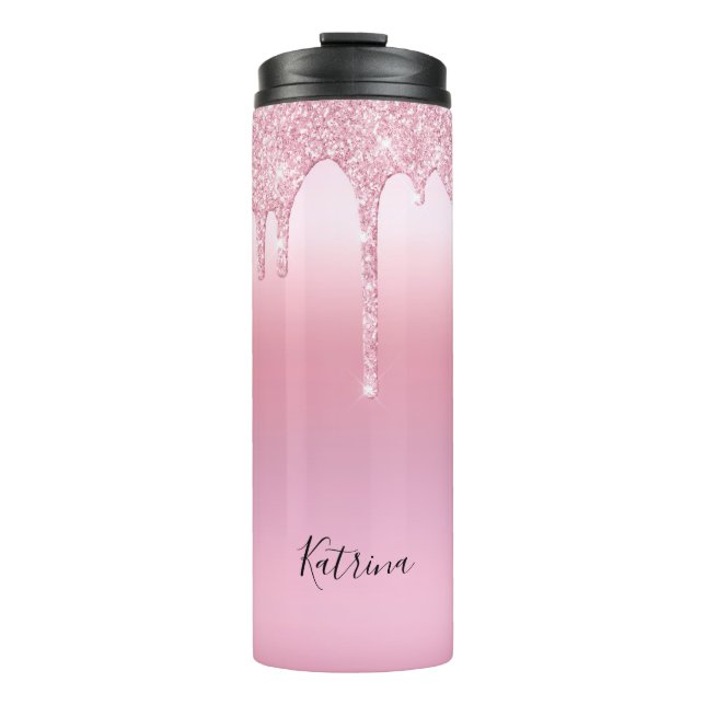 Minimalistic Pink Dripping Glitter Personalized  Thermal Tumbler (Front)