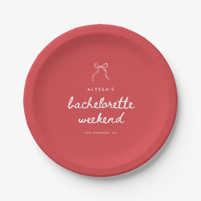 Minimalistic Red Coquette Bow Bachelorette Paper Plate (Front)