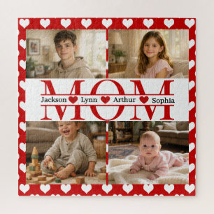 Minimalistic Red Heart Mom Custom 4-Photo Keepsake Jigsaw Puzzle