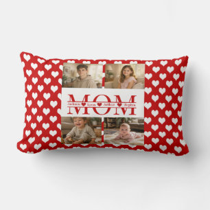 Minimalistic Red Heart Mom Custom 4-Photo Keepsake Lumbar Pillow
