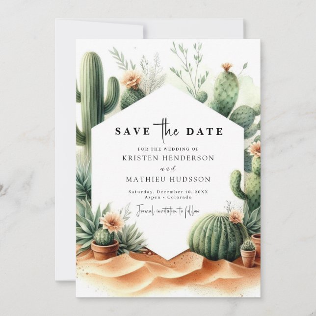 Minimalistic Romantic Cactus Wedding Save The Date (Front)