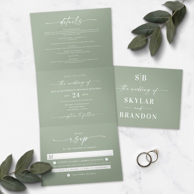 Minimalistic Sage Green All In One Wedding Photo Tri-Fold Invitation (Creator Uploaded)