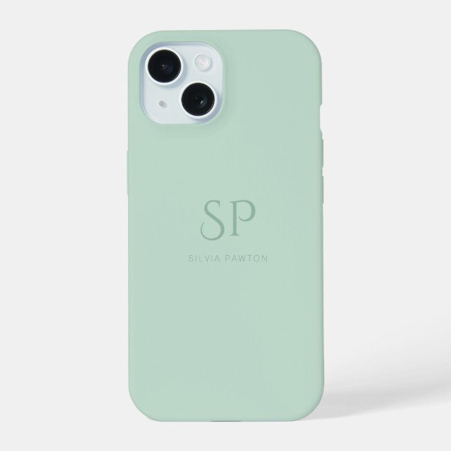 Minimalistic Sage Green Custom Monogram iPhone 15 Case (Back)
