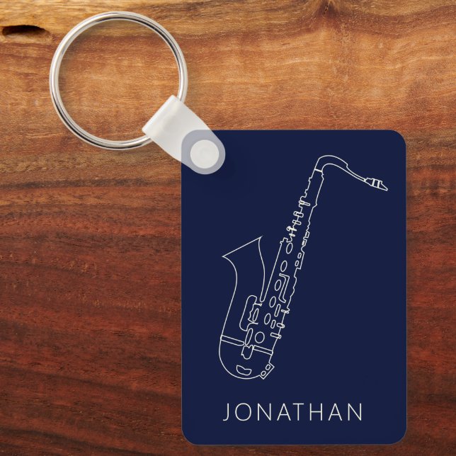 Minimalistic Saxophone Navy Line Saxo Personalized Keychain (Front)