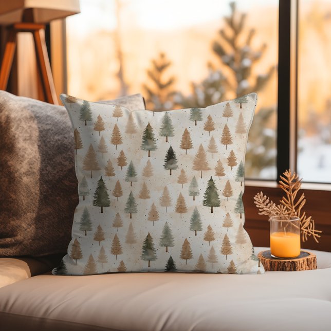 Minimalistic Scandi Neutral Beige Evergreen Trees Throw Pillow (Minimalistic Winter Pattern Scandinavian Nordic Xmas Throw Pillow - Neutral Beige Tan Watercolor)