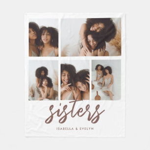 Minimalistic Script 'Sisters' 5 Photo Collage Fleece Blanket