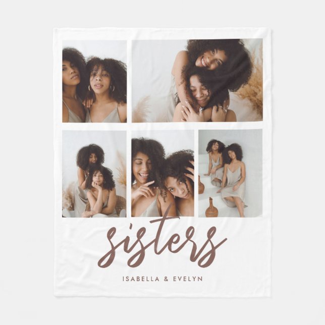 Minimalistic Script 'Sisters' 5 Photo Collage Fleece Blanket (Front)