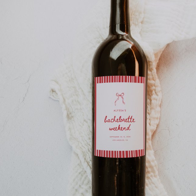 Minimalistic Script Striped Coquette Bachelorette Wine Label (Creator Uploaded)