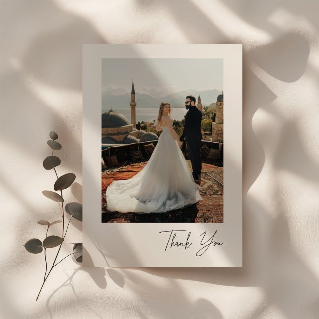 Minimalistic Script Wedding Couple Photo Thank You Card (Creator Uploaded)