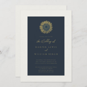 minimalistic sunflower navy wedding invitation