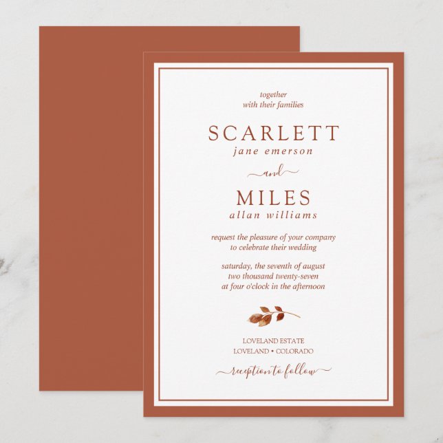Minimalistic Terracotta Fall Leaves Border Wedding Invitation (Front/Back)