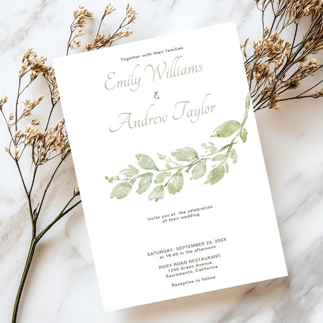 Minimalistic watercolor green wedding invitation  (Elegant minimalistic watercolor green invitation, perfect for weddings or baby showers)