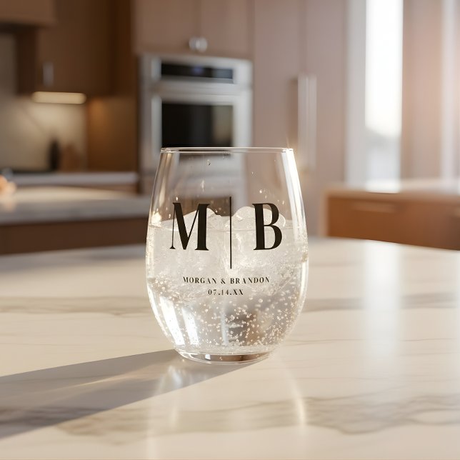 Minimalistic Wedding Couple Names Monogram Stemless Wine Glass (Creator Uploaded)