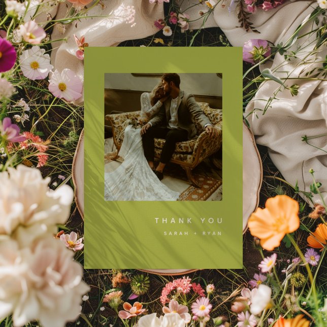 Minimalistic Wedding Photo Lime Green Thank You Card (Creator Uploaded)