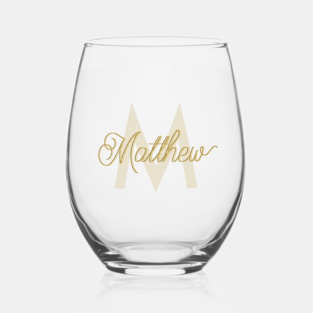 Minimalistic White Gold Add Name and Monogram Mens Stemless Wine Glass (Front)