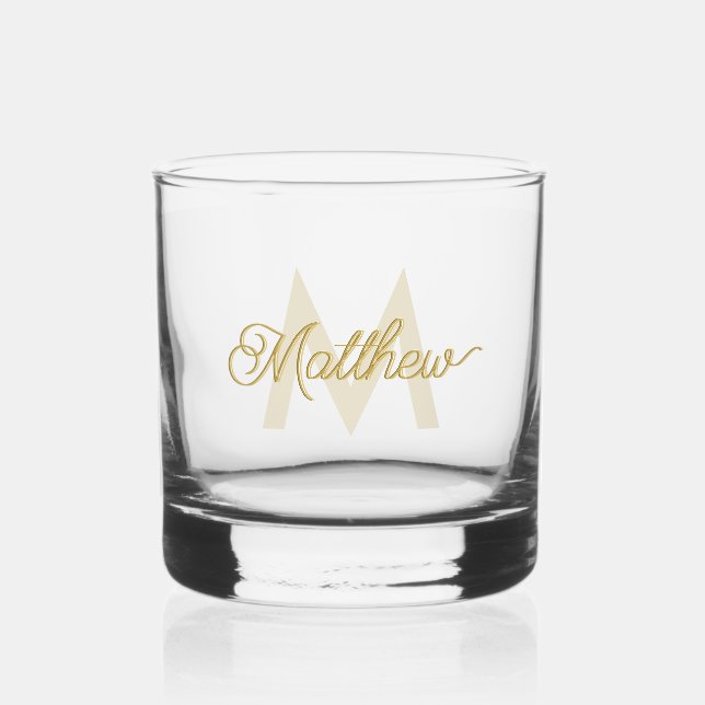 Minimalistic White Gold Add Name and Monogram Mens Whiskey Glass (Front)