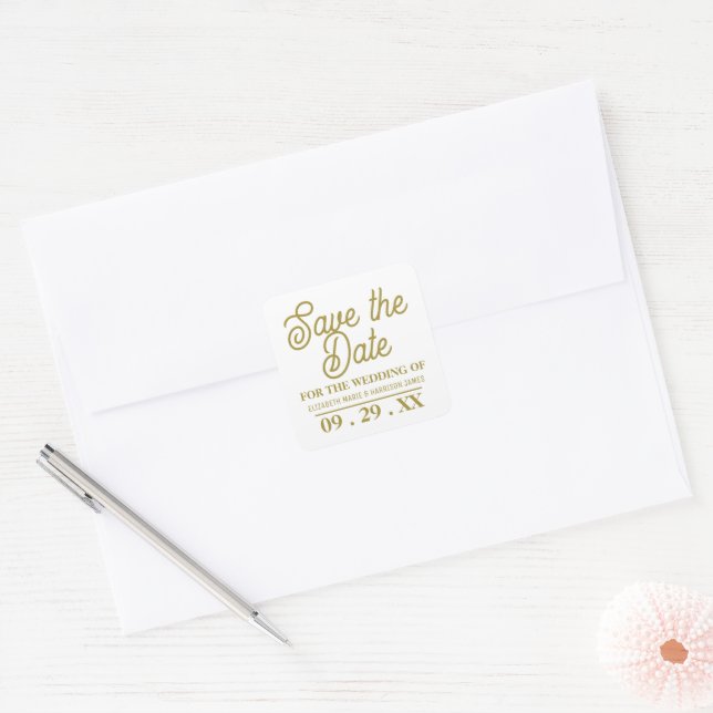 Minimalistic - White & Gold - Save the Date Square Sticker (Envelope)