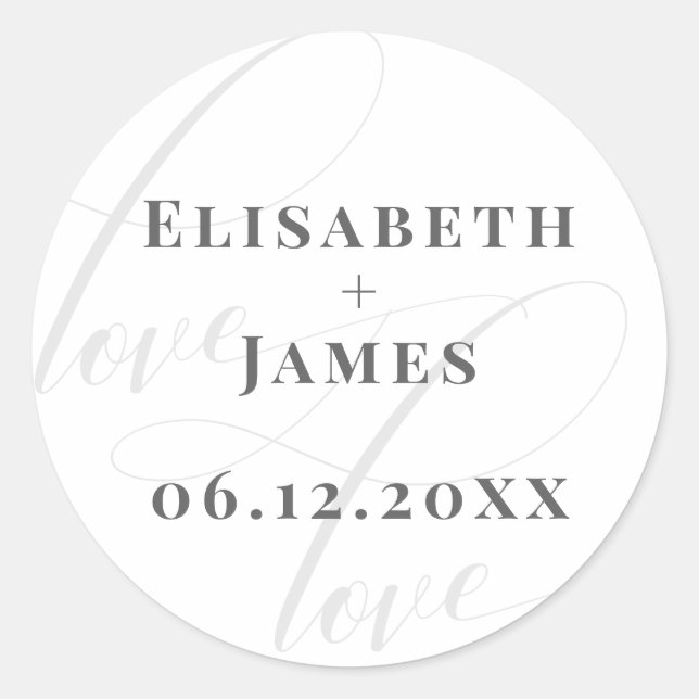 Minimalistic White & Grey Calligraphy Chic Wedding Classic Round Sticker (Front)