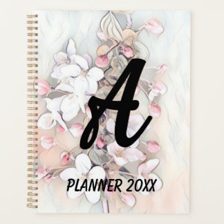 Minimalistic white pink cherry blossoms drawing planner